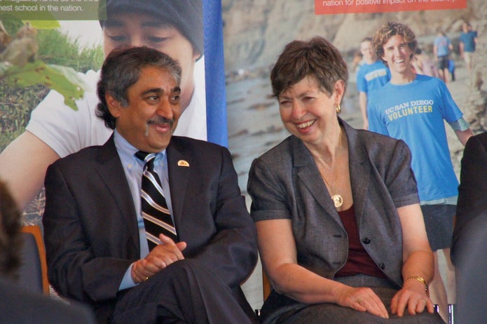 2 of 4, Chancellor Fox and Chancellor-designate Khosla sit together during a campus welcome event